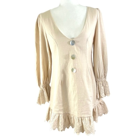 INDIKAH by Angel Biba Nude Low Cut U-neck Ruffle Linen Blend Mini Dress Medium - Picture 1 of 14